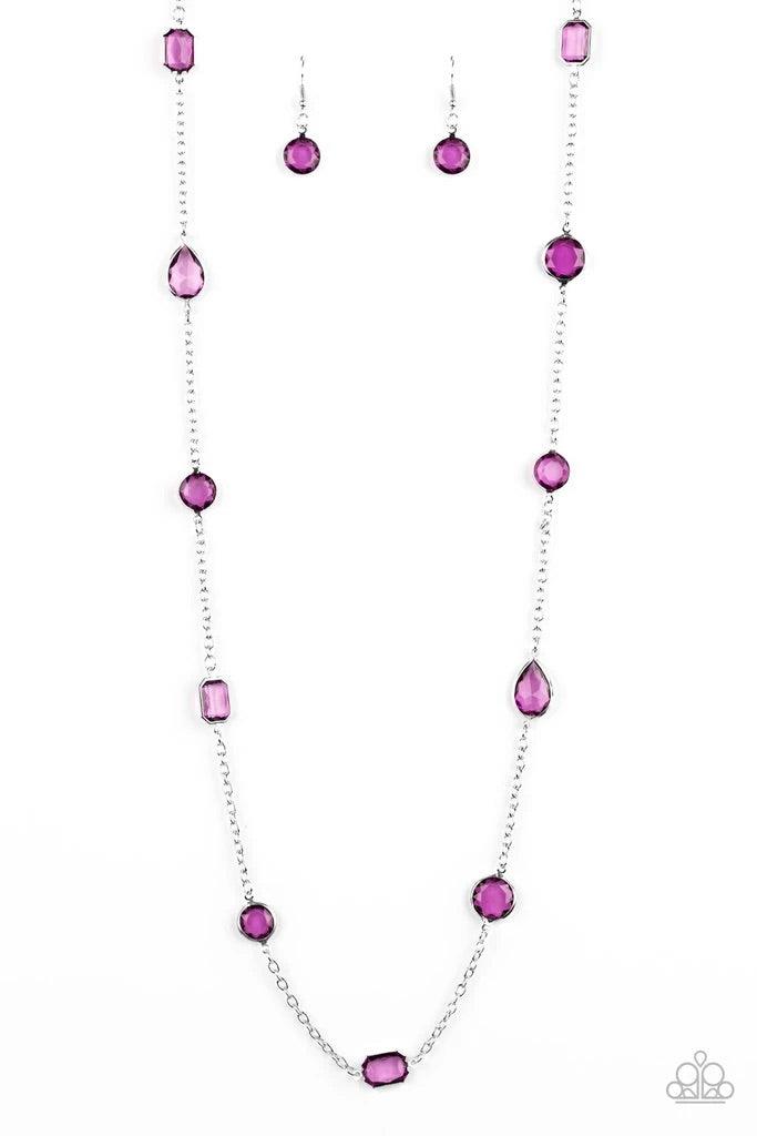 Paparazzi Accessories Glassy Glamourous - Purple Featuring sleek silver fittings, an array of glassy pink gemstones trickle along a shimmery silver chain for a glamorous look. Features an adjustable clasp closure. Jewelry