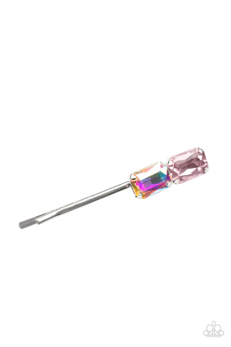 Paparazzi Accessories Material Girl Goals - Pink Featuring elegant emerald style cuts, an oversized pair of pink and iridescent rhinestones adorn the end of a classic silver bobby pin. Sold as one individual decorative bobby pin. Hair Pins