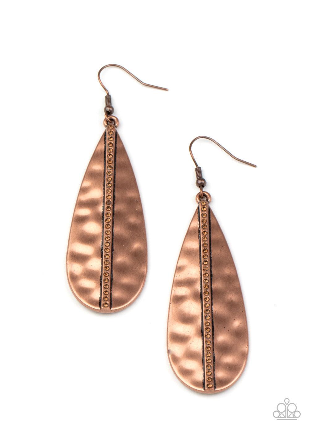 Paparazzi Accessories On The Up and UPSCALE - Copper A single row of dainty topaz rhinestones is vertically embossed down the center of a hammered copper teardrop, adding an unexpected splash of refinement to the classic frame. Earring attaches to a stand