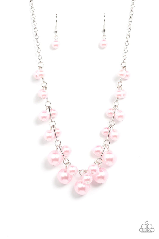 Paparazzi Accessories Tearoom Gossip - Pink Gradually increasing in size, clusters of pink pearls alternate with dainty silver bars below the collar, creating a bubbly fringe. Features an adjustable clasp closure. Sold as one individual necklace. Includes