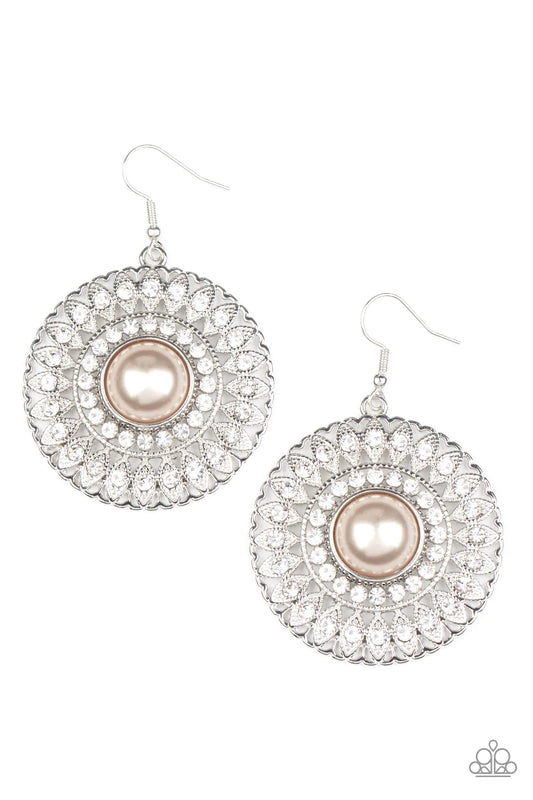 Paparazzi Accessories Glorified Glitz - Brown White rhinestone dotted silver petals fan out from a brown pearl dotted center, resulting in a radiant centerpiece. Earrings attach to a standard fishhook fitting. Sold as one pair of earrings. Jewelry