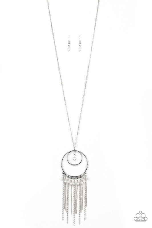 Paparazzi Accessories Out of Bounds Shimmer - White An airy circular pendant swings from the bottom of a lengthened silver chain. Infused with a solitaire white pearl swinging from the top of the frame, a fringe of white pearls and shimmery silver chains