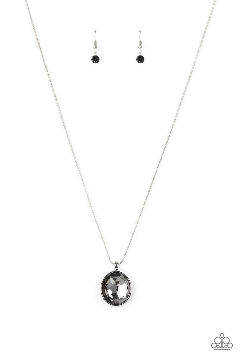 Paparazzi Accessories Instant Icon - Silver An oversized smoky gem is pressed into the center of a sleek silver fitting, creating a mesmerizing statement piece at the bottom of a sleek silver chain. Features an adjustable clasp closure. Sold as one indivi