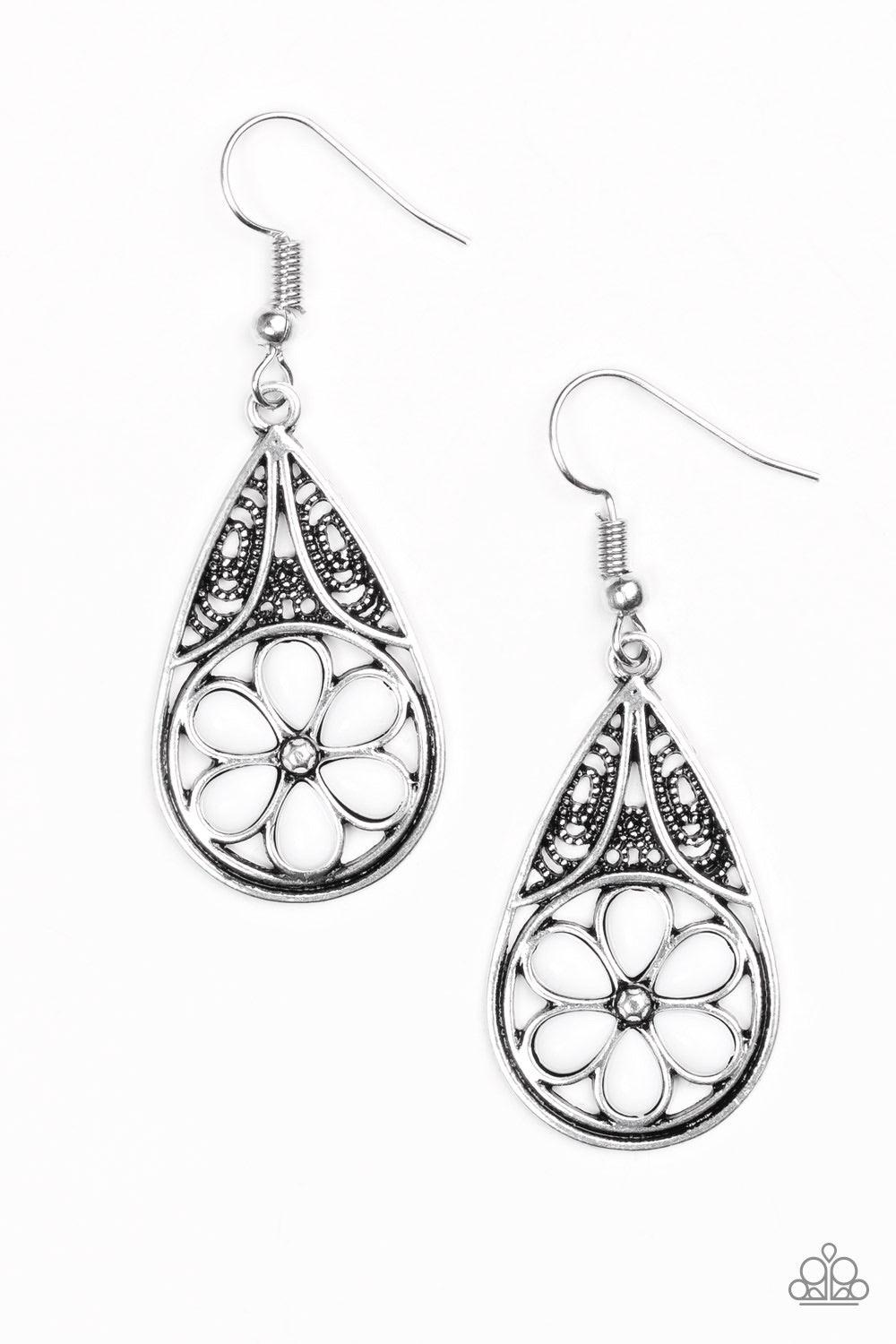 Paparazzi Accessories Countryside Cottage - White Refreshing white beads are pressed into the bottom of an ornate silver teardrop, creating a whimsical floral pattern. Earring attaches to a standard fishhook fitting. Jewelry