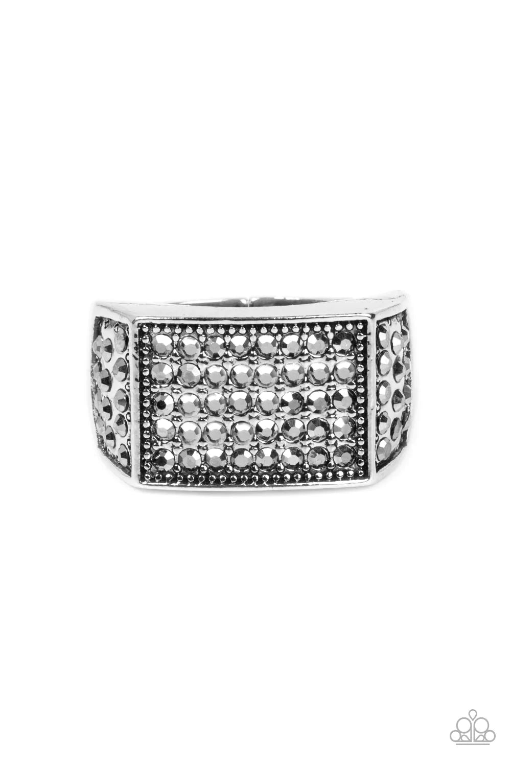 Paparazzi Accessories Metro Merger - Silver The front of a rectangular silver frame is encrusted in sections of hematite rhinestones, resulting in a smoldering centerpiece atop the finger. Features a stretchy band for a flexible fit. Sold as one individua