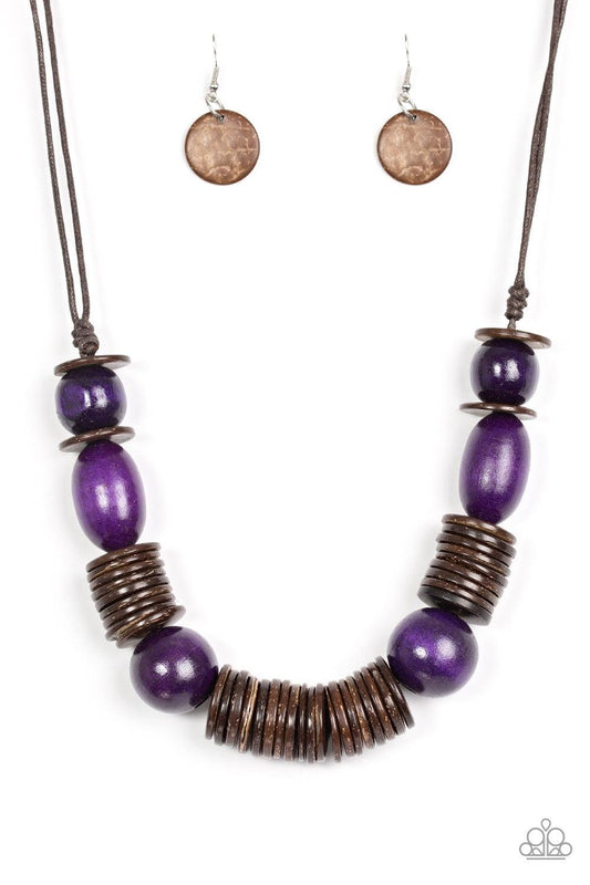 Paparazzi Accessories You Better BELIZE It ~Purple Brushed in a vibrant finish, purple wooden beads and brown wooden discs are threaded along shiny brown cording for a summery look. Features an adjustable sliding knot closure. Jewelry