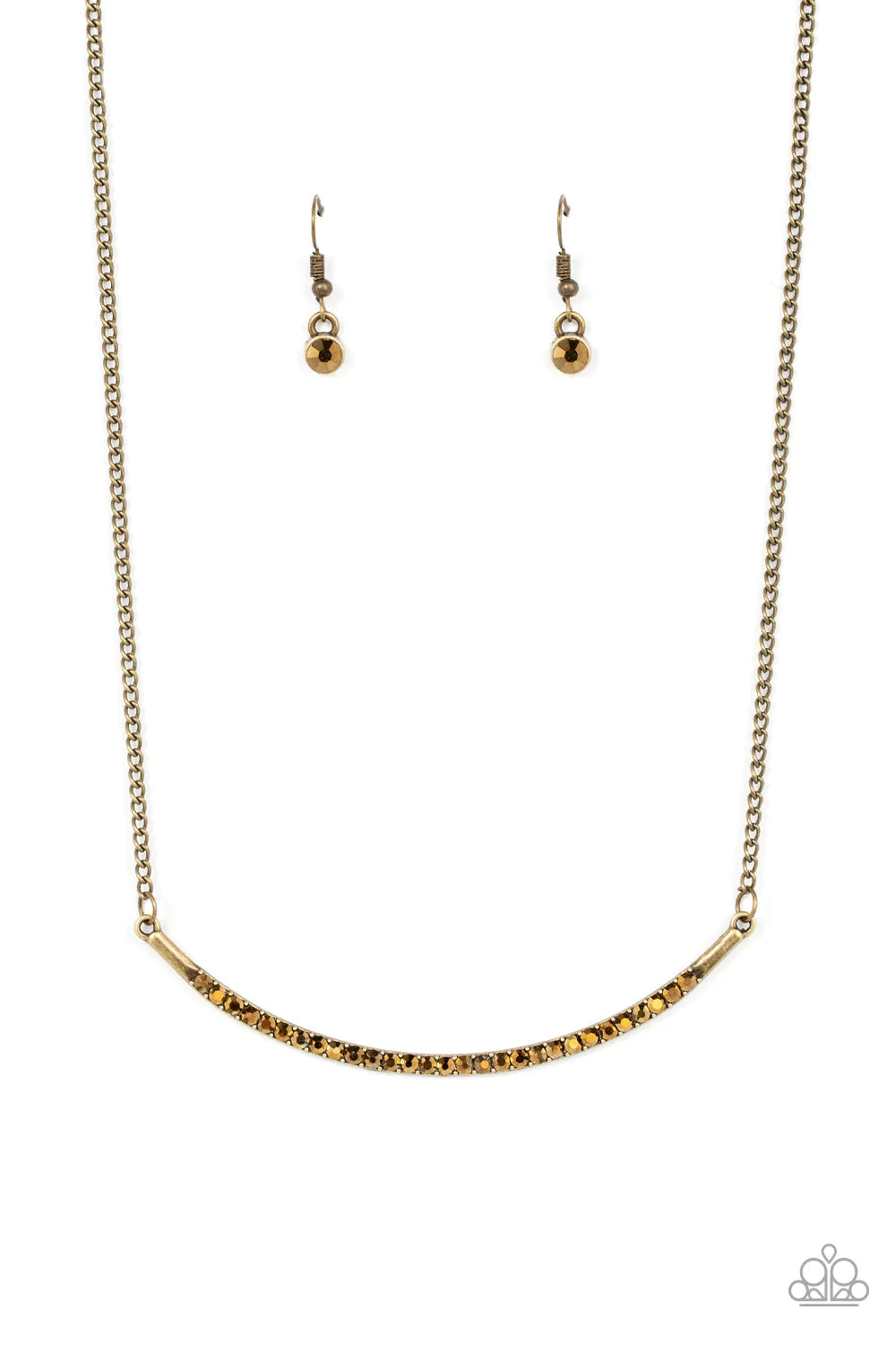 Paparazzi Accessories Collar Poppin’ Sparkle - Brass Encrusted in glitzy aurum rhinestones, a curved brass bar bows below the collar for a smoldering style. Features an adjustable clasp closure. Sold as one individual necklace. Includes one pair of matchi