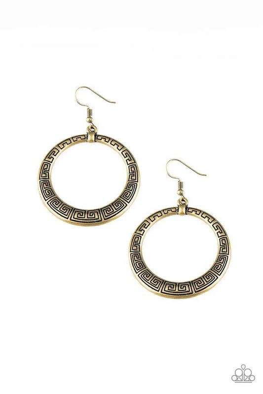 Paparazzi Accessories Mayan Mantra - Brass Brushed in an antiqued shimmer, a glistening brass hoop is stamped in dizzying patterns for a tribal inspired look. Earring attaches to a standard fishhook fitting. Sold as one pair of earrings. Jewelry