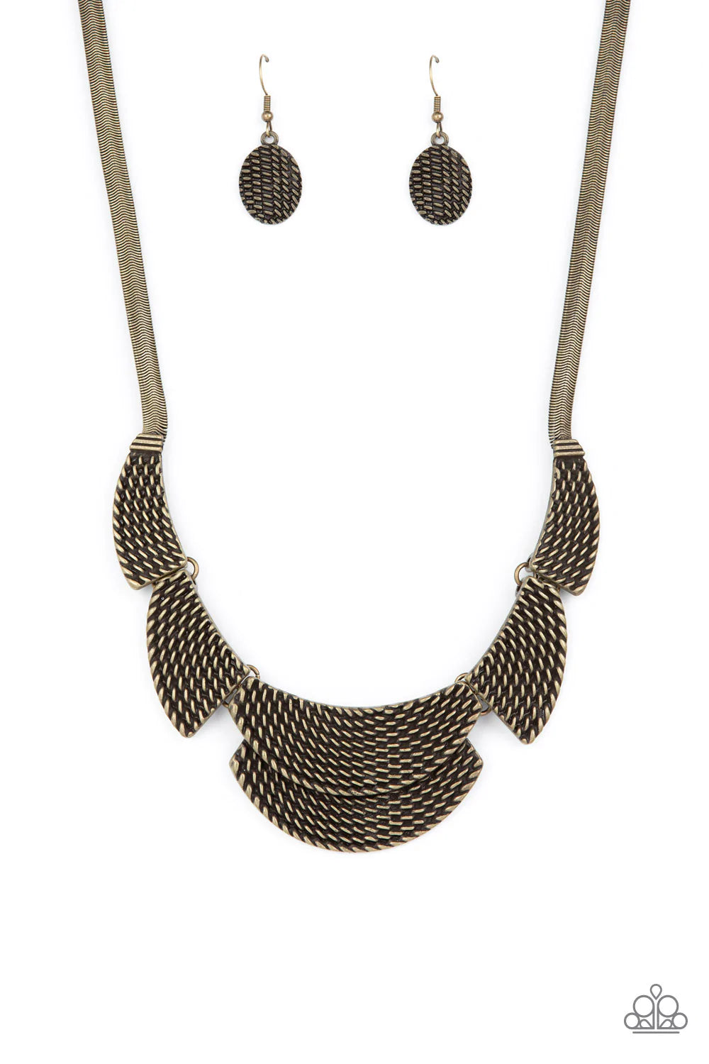 Paparazzi Accessories Empress Empire - Brass Embossed in raised metallic stitched-like textures, curved brass plates boldly fan out from an oversized brass snake chain below the collar for a fearless fashion. Features an adjustable clasp closure. Sold as