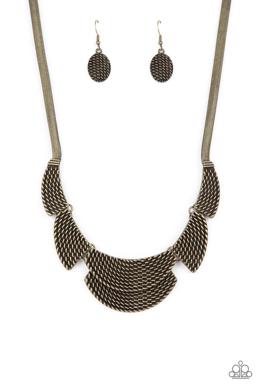 Paparazzi Accessories Empress Empire - Brass Embossed in raised metallic stitched-like textures, curved brass plates boldly fan out from an oversized brass snake chain below the collar for a fearless fashion. Features an adjustable clasp closure. Sold as
