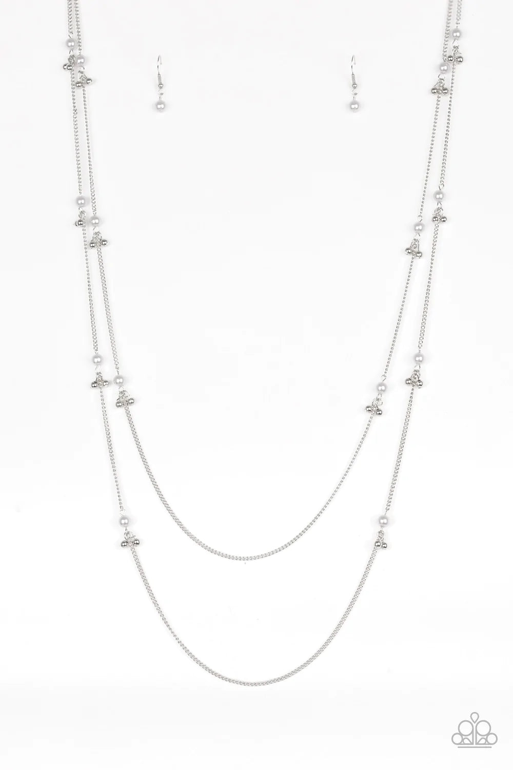Paparazzi Accessories Ultrawealthy - Silver Infused with pearly accents, pairs of silver beads trickle along dainty silver chains for a glamorous look. Features an adjustable clasp closure. Sold as one individual necklace. Includes one pair of matching ea