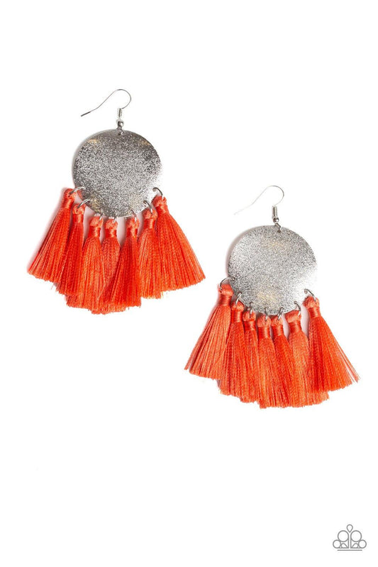 Paparazzi Accessories Tassel Tribute - Orange A fringe of shiny coral threaded tassels swing from the bottom of a warped silver disc brushed in an incandescent metallic shimmer for a whimsical flair. Earring attaches to a standard fishhook fitting. Jewelr