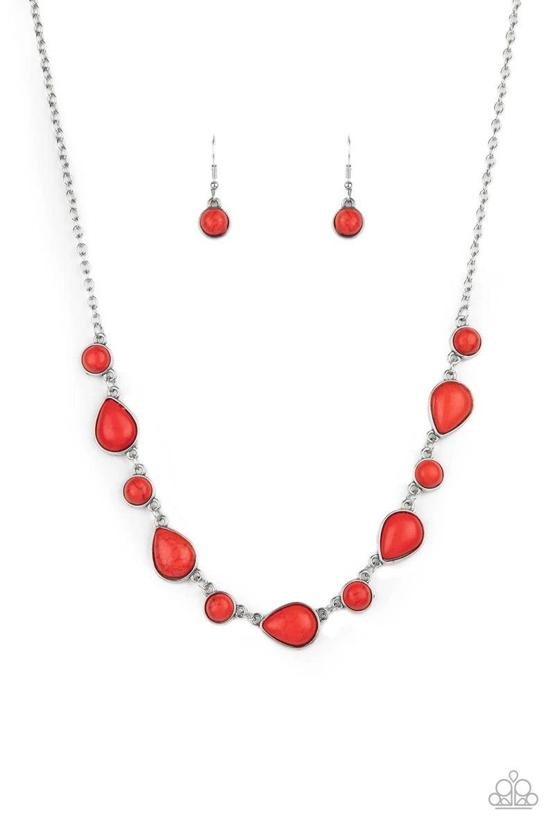 Paparazzi Accessories Heavenly Teardrops - Red Encased in sleek silver frames, a fiery collection of round and teardrop red stones delicately link below the collar for a whimsical pop of color. Features an adjustable clasp closure. Sold as one individual