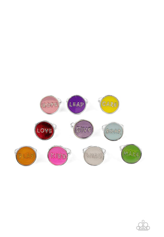 Paparazzi Accessories Starlet Shimmer Rings: #1 Varying in colorful finishes, each ring spells out a positive word, including: "wish", "hope", "make", "give", "care", "love", "kind", "leap", "soar", "play". Jewelry