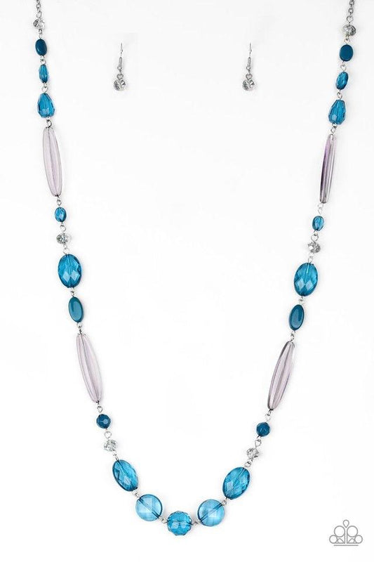 Paparazzi Accessories Quite Quintessence - Blue Varying in shape and shimmer, faceted blue and metallic crystal-like beads trickle down the chest for a whimsical look. Features an adjustable clasp closure. Sold as one individual necklace. Includes one pai