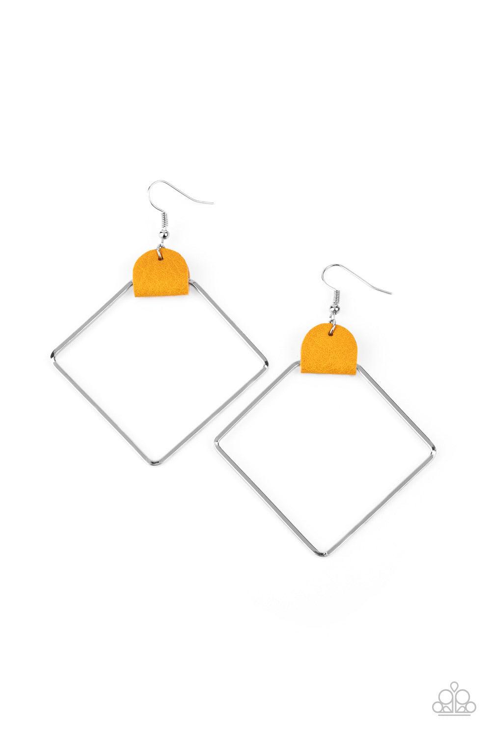 Paparazzi Accessories Friends of a LEATHER - Yellow An airy geometric silver hoop is pinched between a dainty piece of golden yellow leather, creating an edgy lure. Earring attaches to a standard fishhook fitting. Sold as one pair of earrings. Jewelry