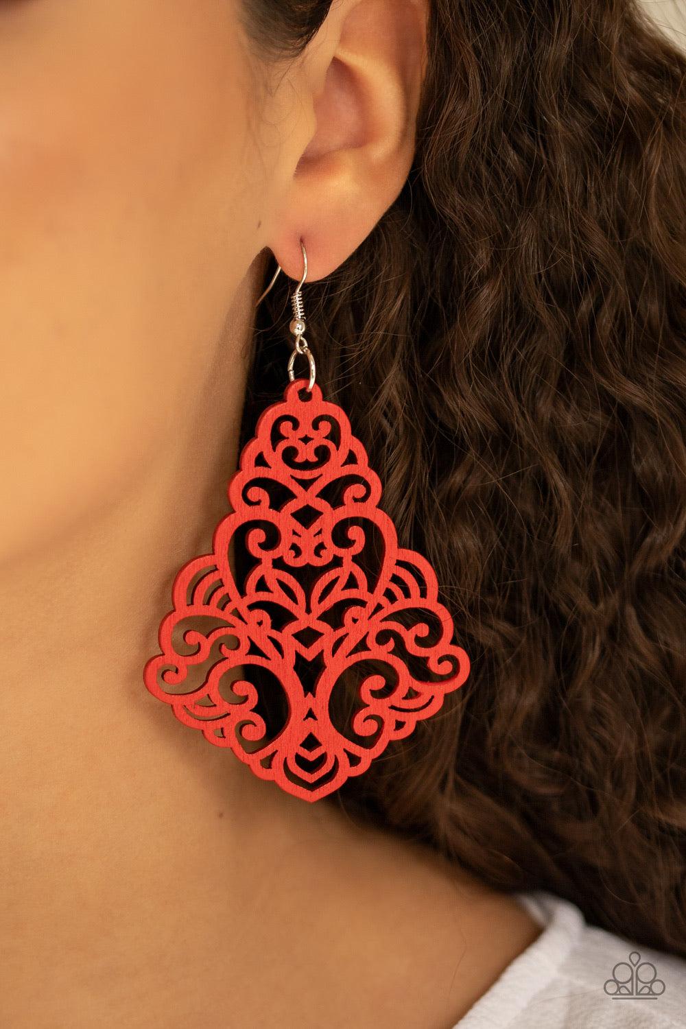 Paparazzi Accessories Powers of Zen - Red Painted in a robust red finish, an airy wooden frame swirling with filigree detail swings from the ear for a seasonal look. Earring attaches to a standard fishhook fitting. Jewelry