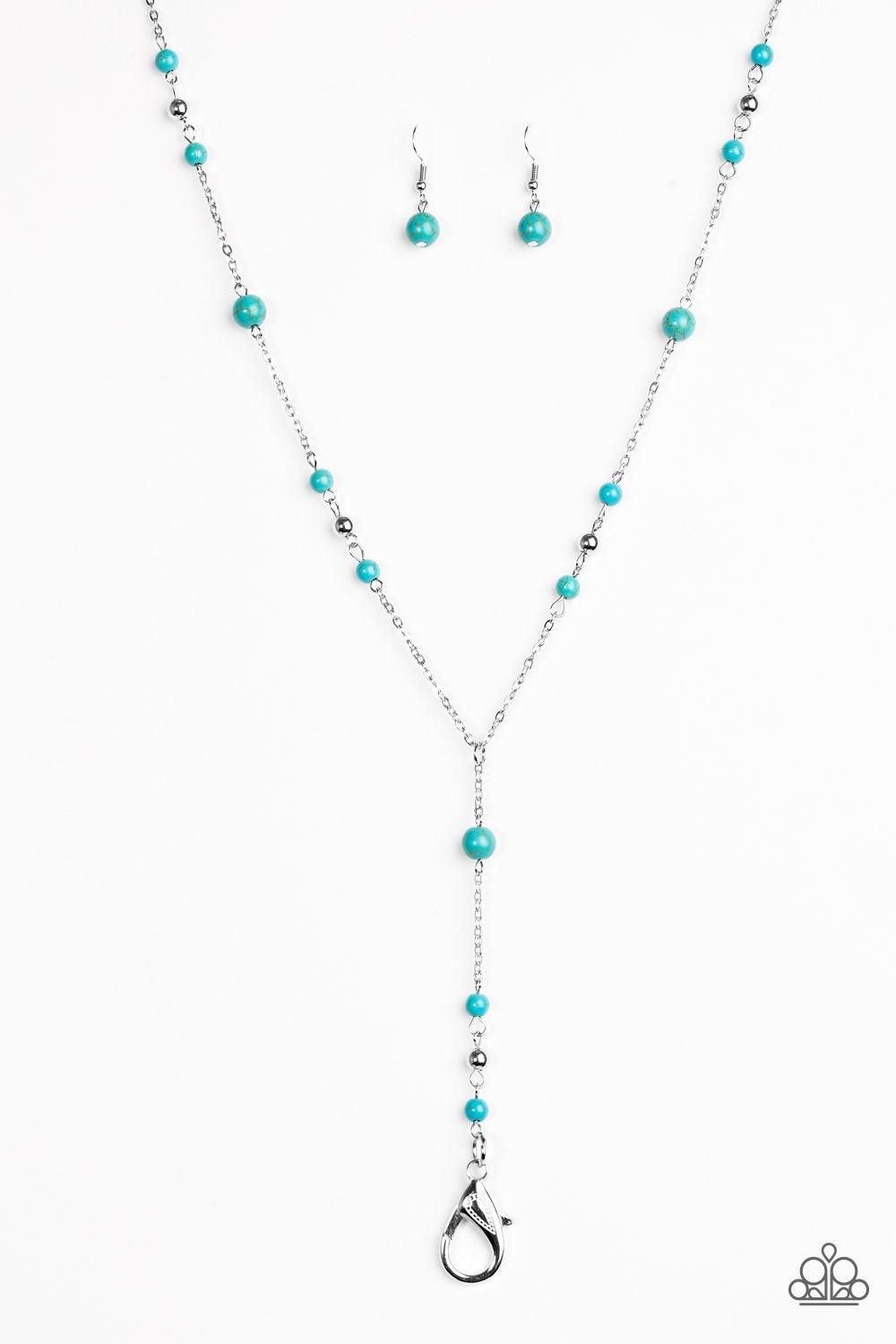 Paparazzi Accessories Modern Moutaineer - Blue *Lanyard Dainty turquoise stone and shiny silver beads trickle along a shimmery silver chain for a seasonal look. Matching beading trickles down an extended silver chain, creating an elegant elongating effect