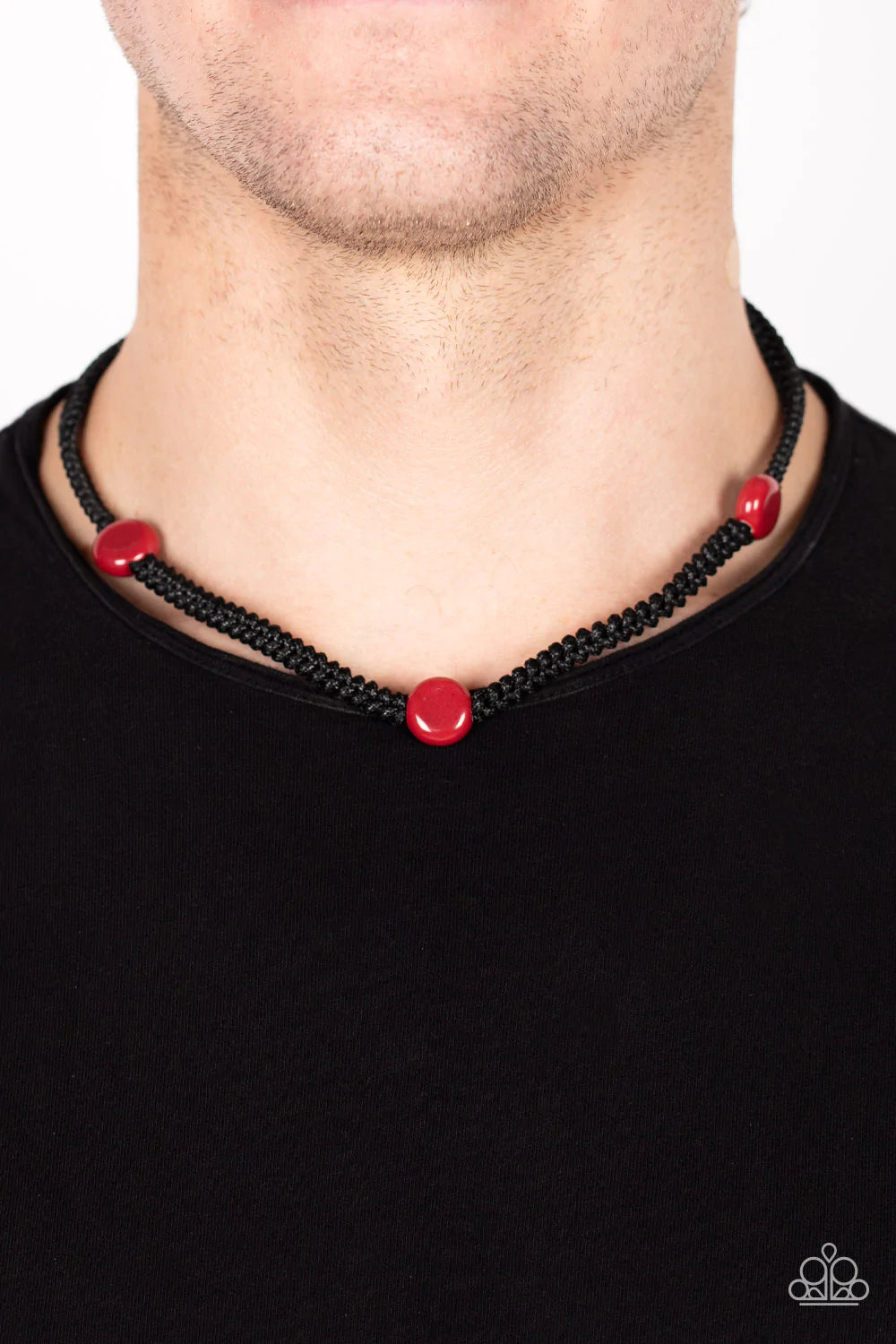 Paparazzi Accessories SoCal Style - Red Glazed red beads are knotted in place below the collar with braided black cording, creating a trendsetting urban look. Features a button loop closure. Sold as one individual necklace. Jewelry