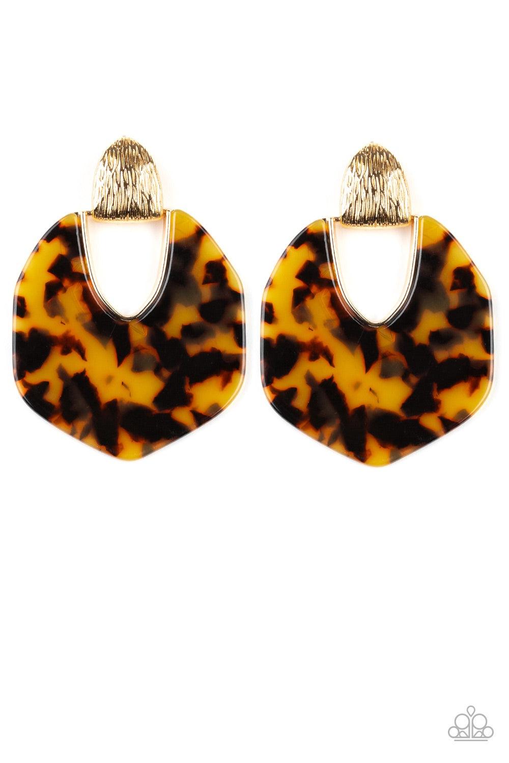 Paparazzi Accessories My Animal Spirit - Gold Brushed in a faux marble finish, a speckled acrylic frame swings from the bottom of a gold fitting radiating with shimmery detail for a retro look. Earring attaches to a standard post fitting. Jewelry