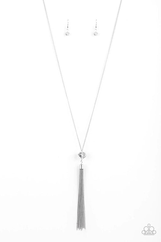 Paparazzi Accessories Socialite of the Season - Silver Splashed in metallic shimmer, a smoky crystal-like bead swings from the bottom of a lengthened silver chain, giving way to a shimmering silver tassel for a glamorous finish. Features an adjustable cla