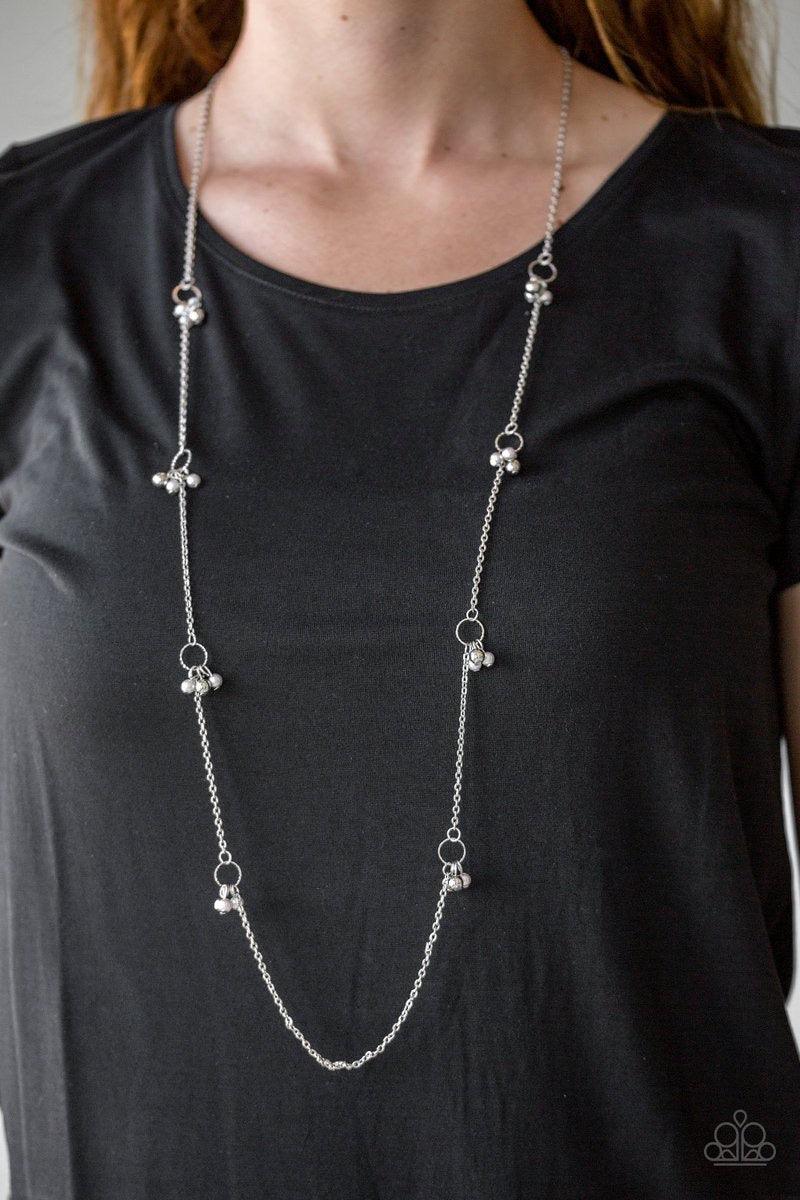 Paparazzi Accessories House Party Posh - Silver Clusters of silver beads and silver pearls swing from dainty silver hoops along an elongated silver chain for an elegant look. Silver necklace features an adjustable clasp closure. Jewelry