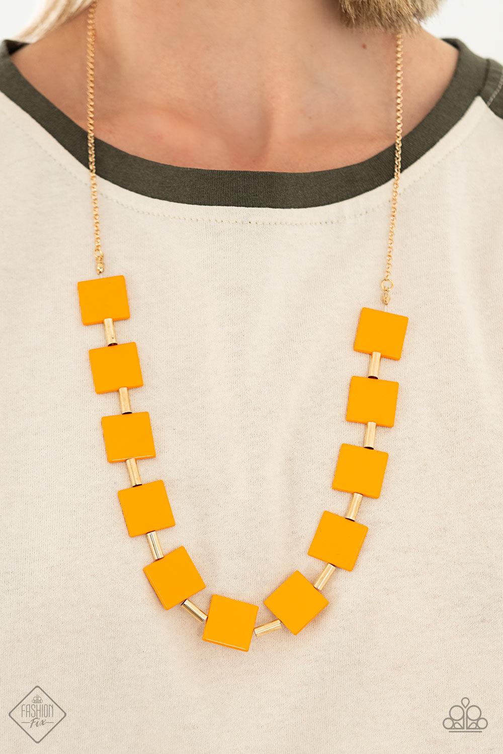 Paparazzi Accessories Hello, Material Girl - Orange Vibrant geometric squares painted in the spring Pantone® of Marigold flare out along a long gold chain as it drapes along the chest. Sleek gold cylinders separate the square plates, adding warm metallic