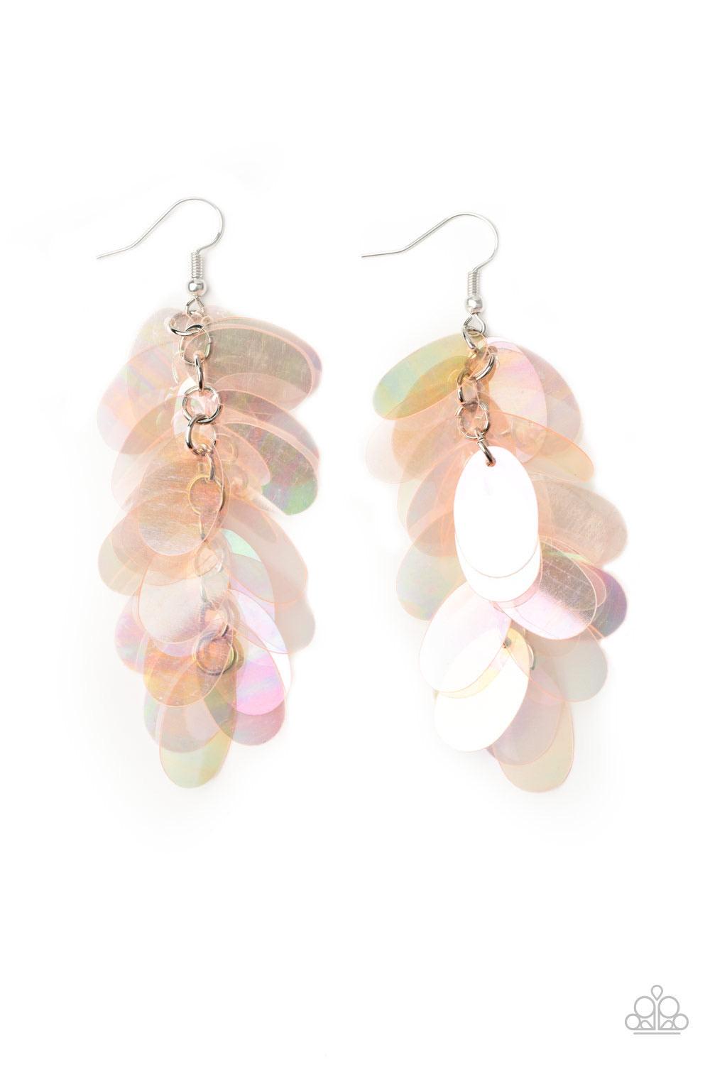 Paparazzi Accessories Stellar In Sequins - Pink Featuring an iridescent shimmer, oversized oval pink sequins cascade from the ear, creating a playful fringe. Earring attaches to a standard fishhook fitting./P> Sold as one pair of earrings. Jewelry