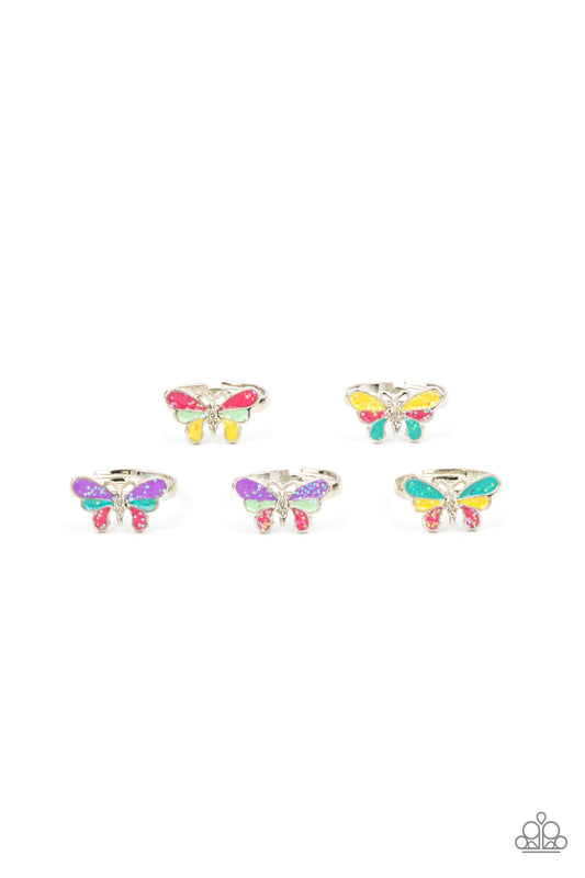 Paparazzi Accessories Starlet Shimmer Rings #3 Assorted colors and shapes to be retailed at $1 per pair. Brushed in sparkly finishes, the dainty butterfly wings vary in shades of purple, blue, pink, yellow, green, and blue. Jewelry