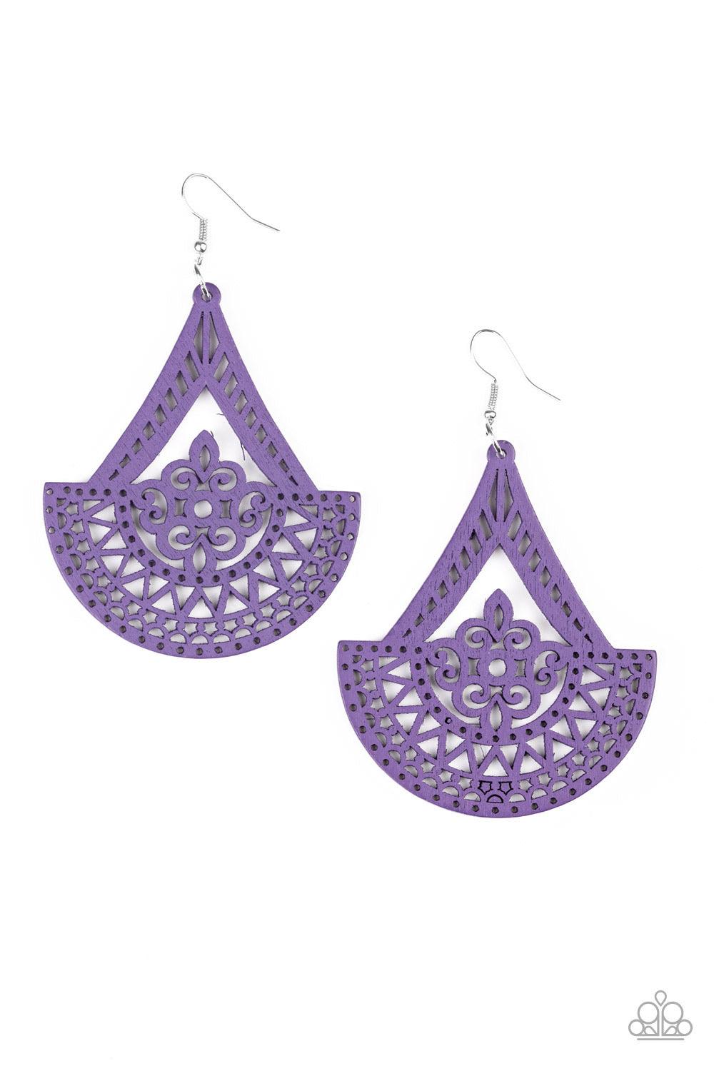 Paparazzi Accessories Tiki Sunrise - Purple Stenciled in an airy wooden filigree pattern, a decorative purple frame swings from the ear for a seasonal look. Earring attaches to a standard fishhook fitting. Jewelry