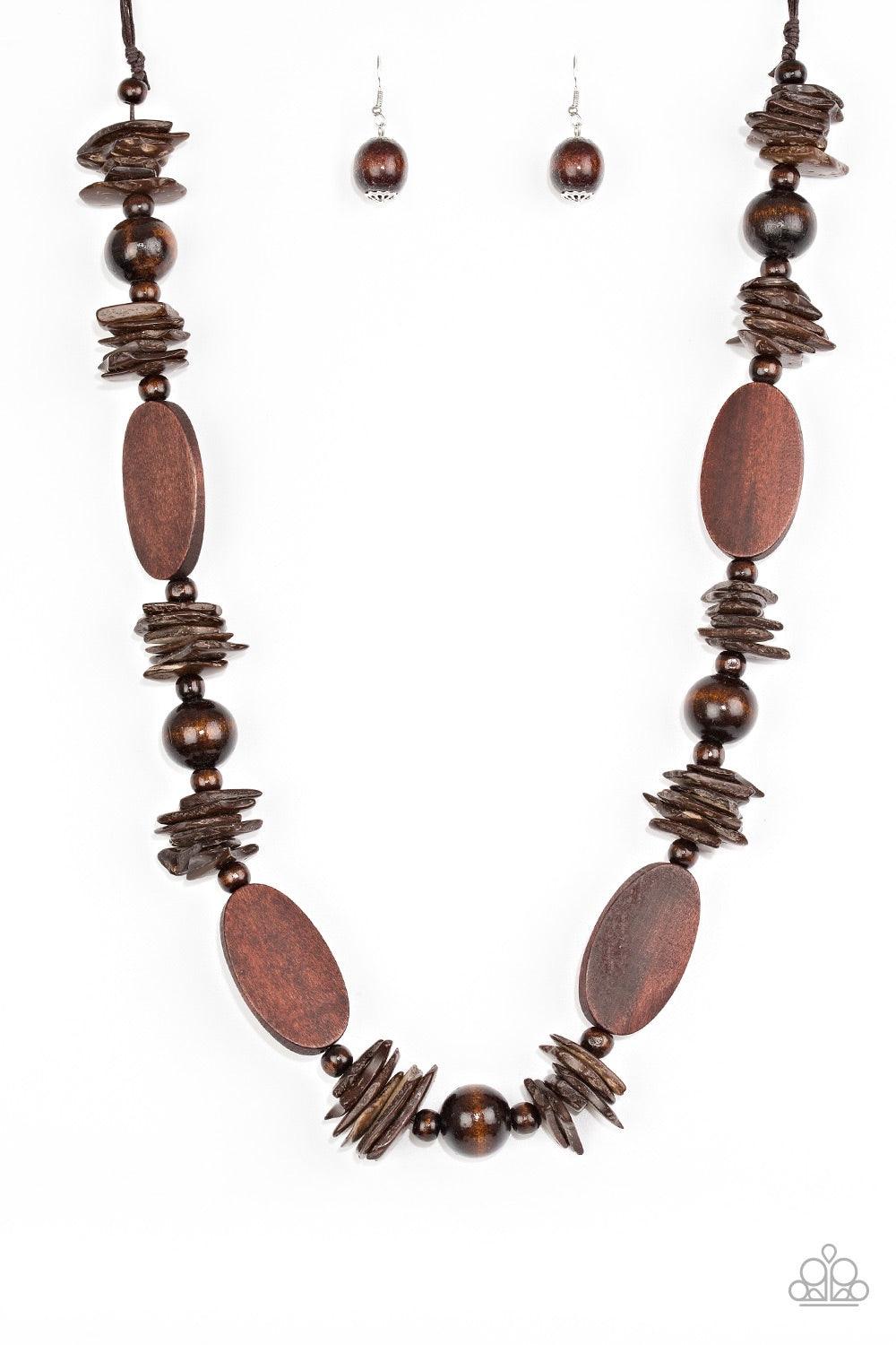 Paparazzi Accessories Carefree Cocay ~Brown Shell-like, round, and flat wooden beads are threaded along shiny brown cording, creating a summery palette. Features an adjustable sliding knot closure.