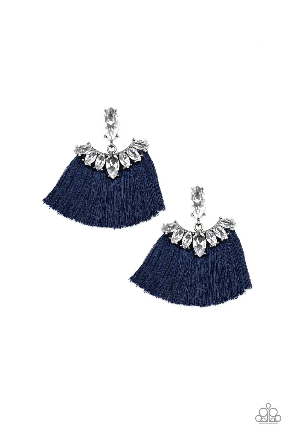Paparazzi Accessories Formal Flaire - Blue A solitaire marquise -cut rhinestone gives way to a plume of shiny blue thread crowned in a matching rhinestone encrusted fringe for a glamorous look. Earring attaches to a standard post fitting. Jewelry