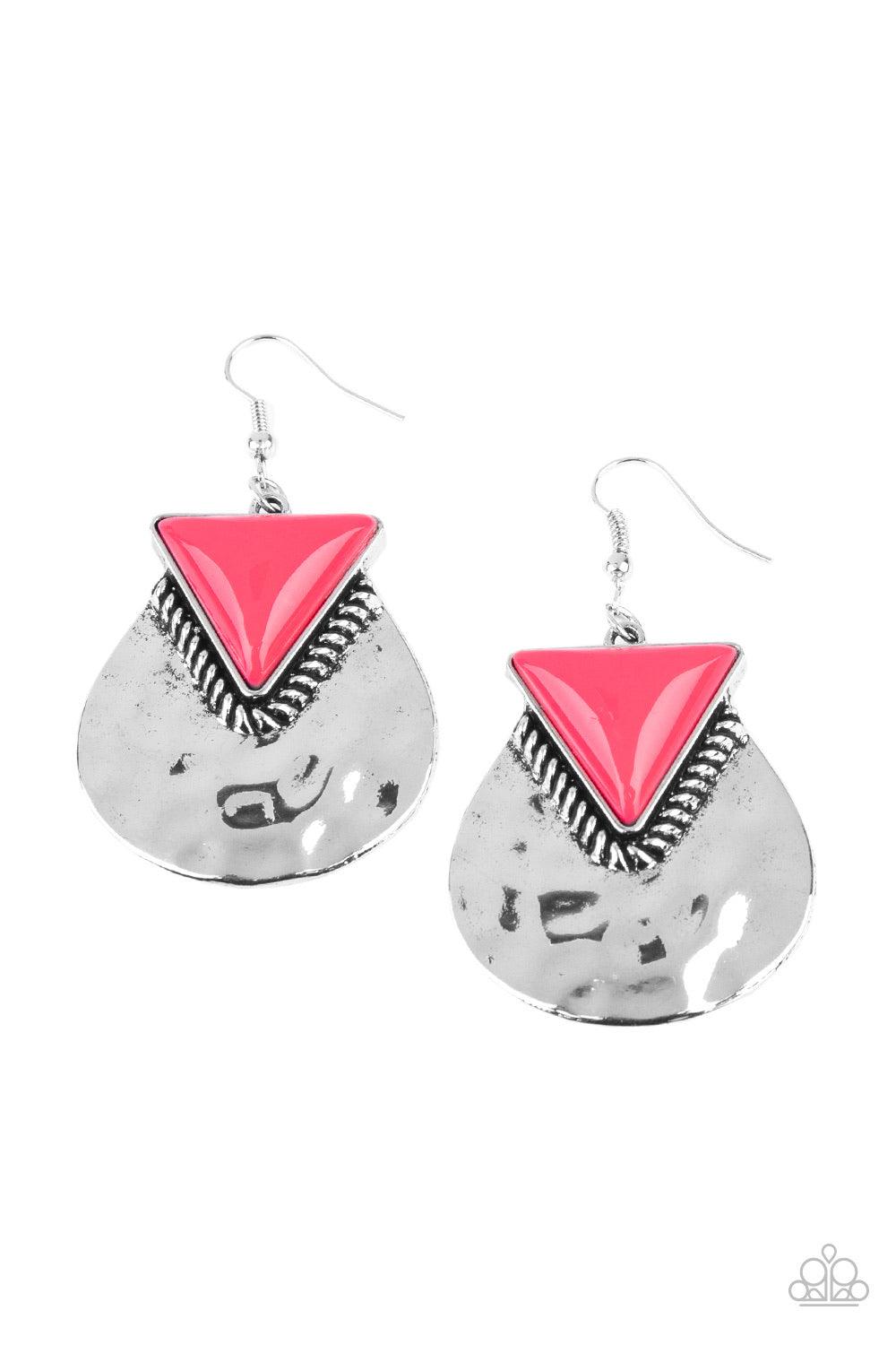 Paparazzi Accessories Road Trip Treasure - Pink A neon pink triangular bead is pressed into the top of a hammered silver lure, creating a colorfully rustic frame. Earring attaches to a standard fishhook fitting. Sold as one pair of earrings. Jewelry