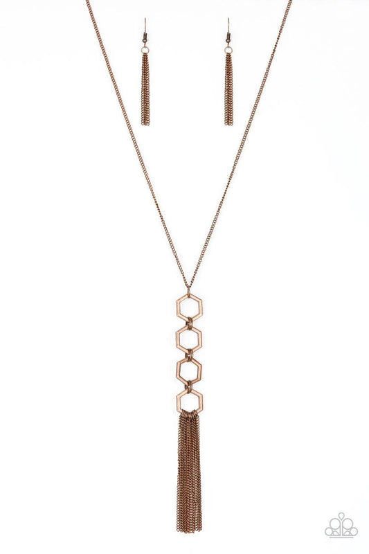Paparazzi Accessories Ready, Set, GEO! - Copper Four copper hexagon frames connect at the bottom of a lengthened copper chain, creating an edgy stacked pendant. A glistening copper tassel swings from the bottom of the geometric pendant, adding movement to