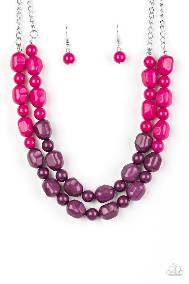 Paparazzi Accessories Island Excursion - Multi Tiers of round and abstract pink beading give way to purple beading, creating a cascading complementary ombre-effect below the collar. Features an adjustable clasp closure. Jewelry