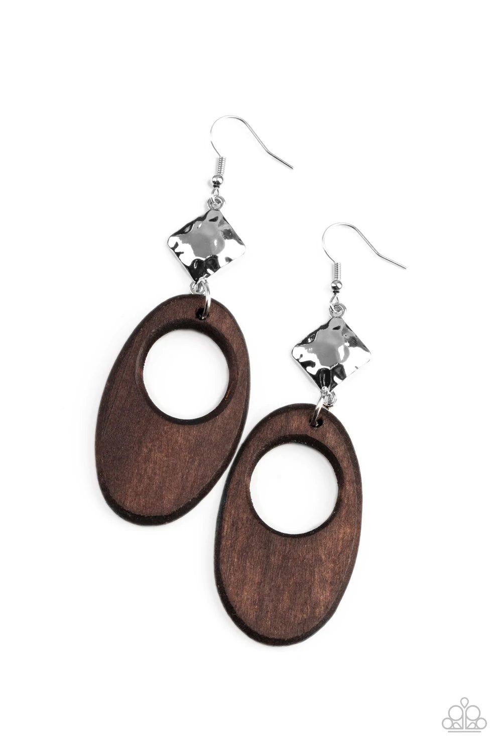 Paparazzi Accessories Retro Reveal - Brown An airy wooden oval frame swings from the bottom of a hammered silver frame, creating a retro lure. Earring attaches to a standard fishhook fitting. Sold as one pair of earrings. Jewelry