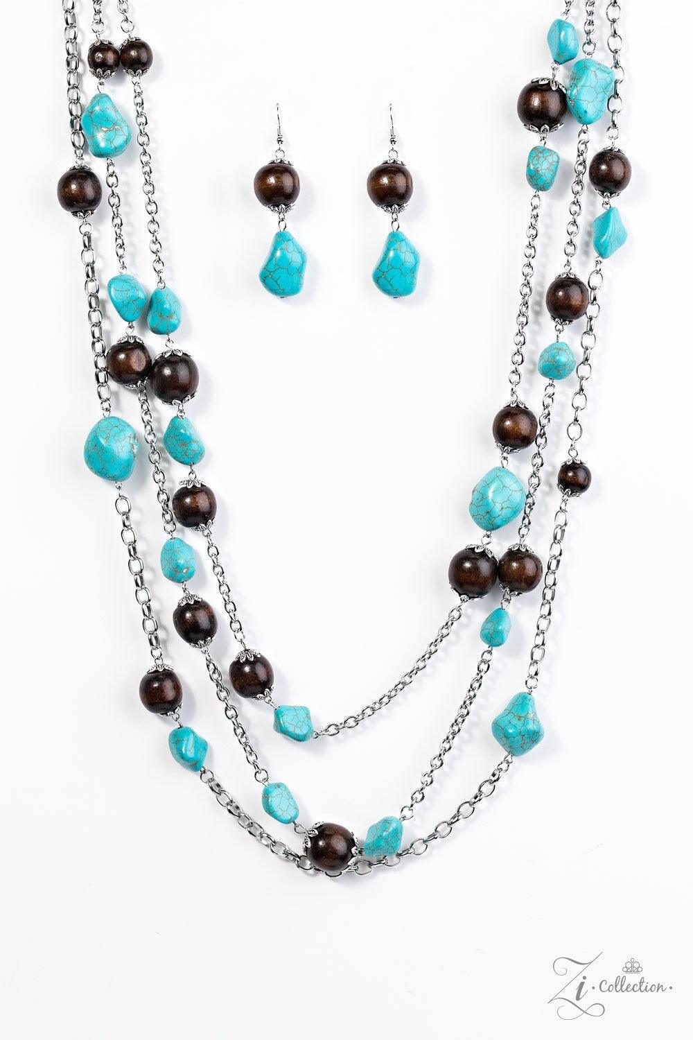 Paparazzi Accessories Groundbreaker Featuring imperfect finishes, refreshing turquoise stones trickle along three shimmery silver chains. Earthy wooden accents are added to the tranquil layers for a natural, artisanal inspired look. Features an adjustable