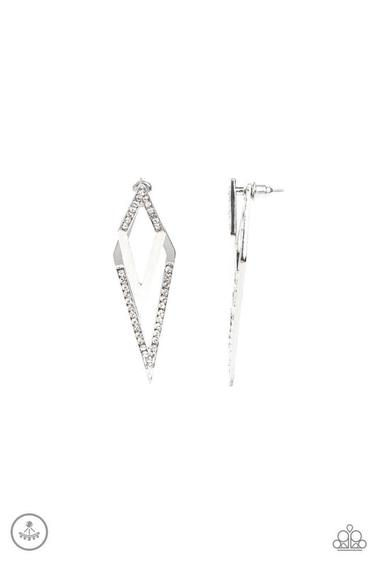Paparazzi Accessories Point-Bank ~White Encrusted in sections of glassy white rhinestones, a silver kite-shaped frame attaches to a double-sided post, designed to fasten behind the ear. As if dipped in white rhinestones, a larger silver kite-shape peeks o