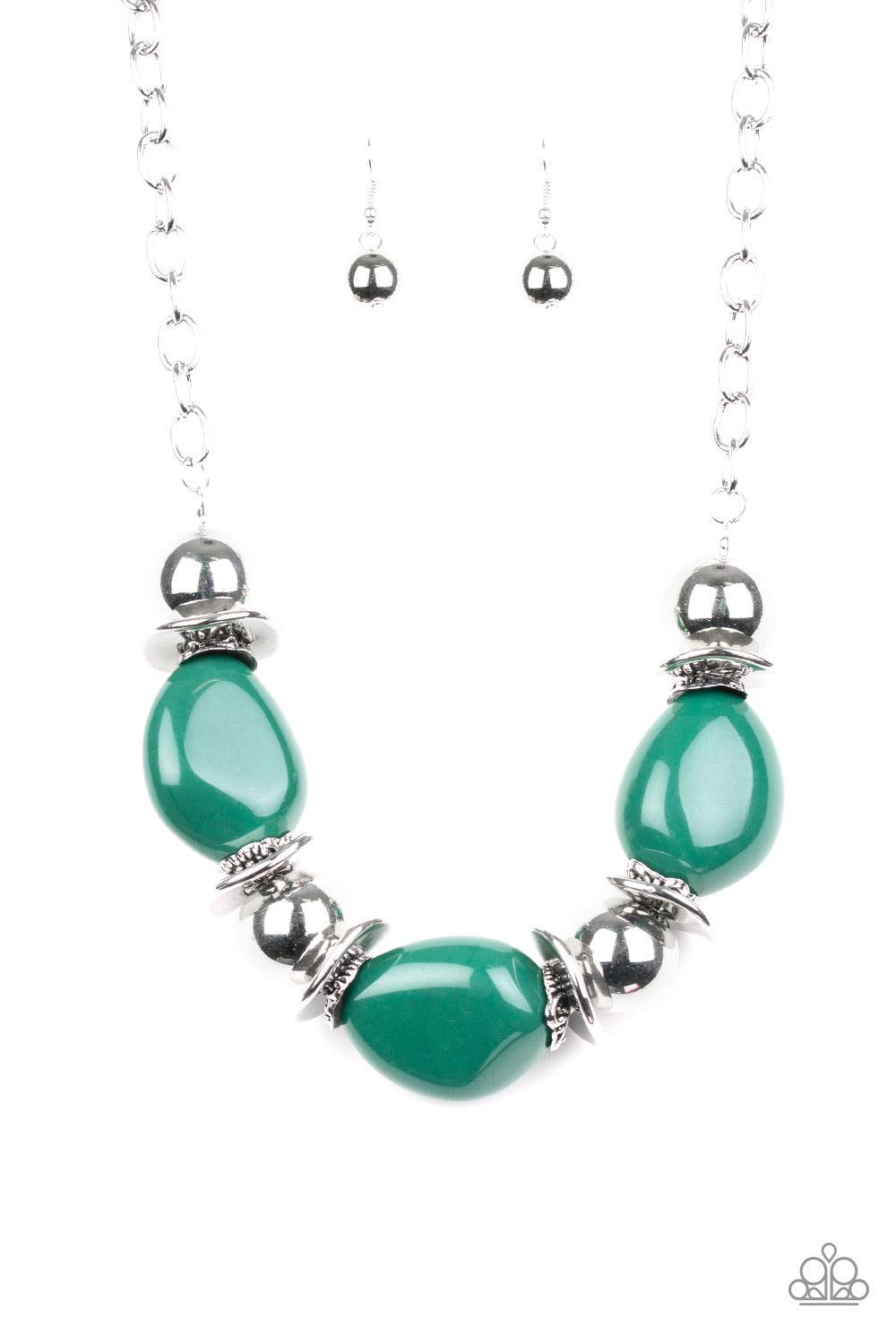 Paparazzi Accessories Vivid Vibes - Green A collection of oversized Eden beads, shiny silver beads, and beveled silver discs are threaded along an invisible wire below the collar for a vivacious look. Features an adjustable clasp closure. Jewelry