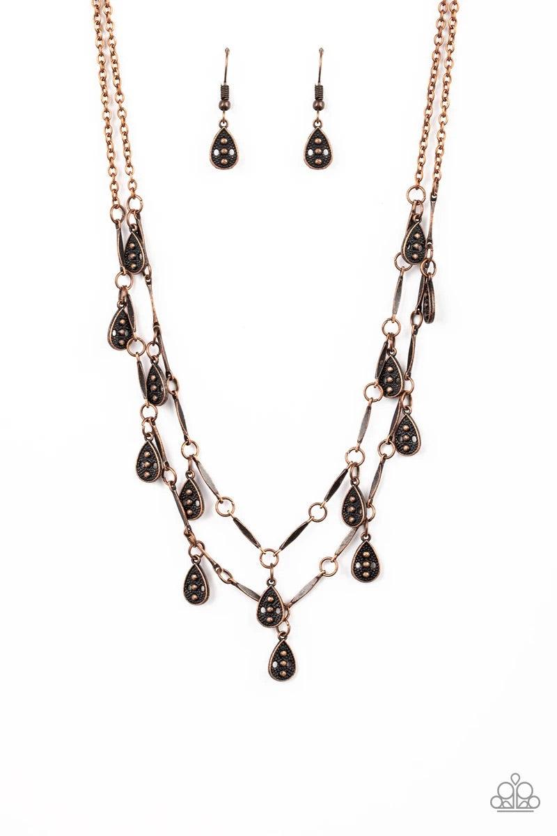 Paparazzi Accessories Galapagos Gypsy - Copper Glistening copper rods and ornate teardrops link below the collar in two rows, creating a playful fringe. Features an adjustable clasp closure. Sold as one individual necklace. Includes one pair of matching e