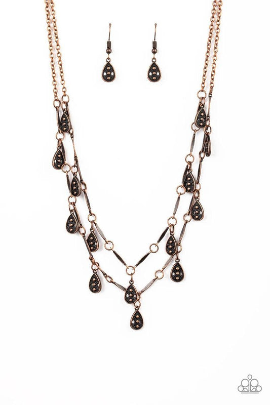 Paparazzi Accessories Galapagos Gypsy - Copper Glistening copper rods and ornate teardrops link below the collar in two rows, creating a playful fringe. Features an adjustable clasp closure. Sold as one individual necklace. Includes one pair of matching e