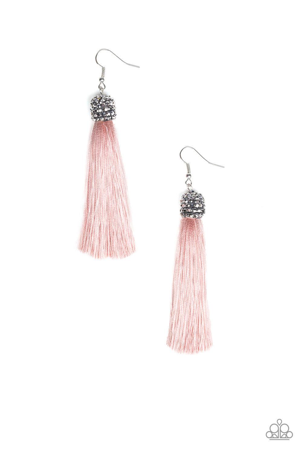 Paparazzi Accessories Make Room For Plume - Pink Encrusted in row after row of hematite rhinestones, a glittery gunmetal bead gives way to a plume of shiny pink thread for an elegantly tasseled look. Earring attaches to a standard fishhook fitting. Jewelr