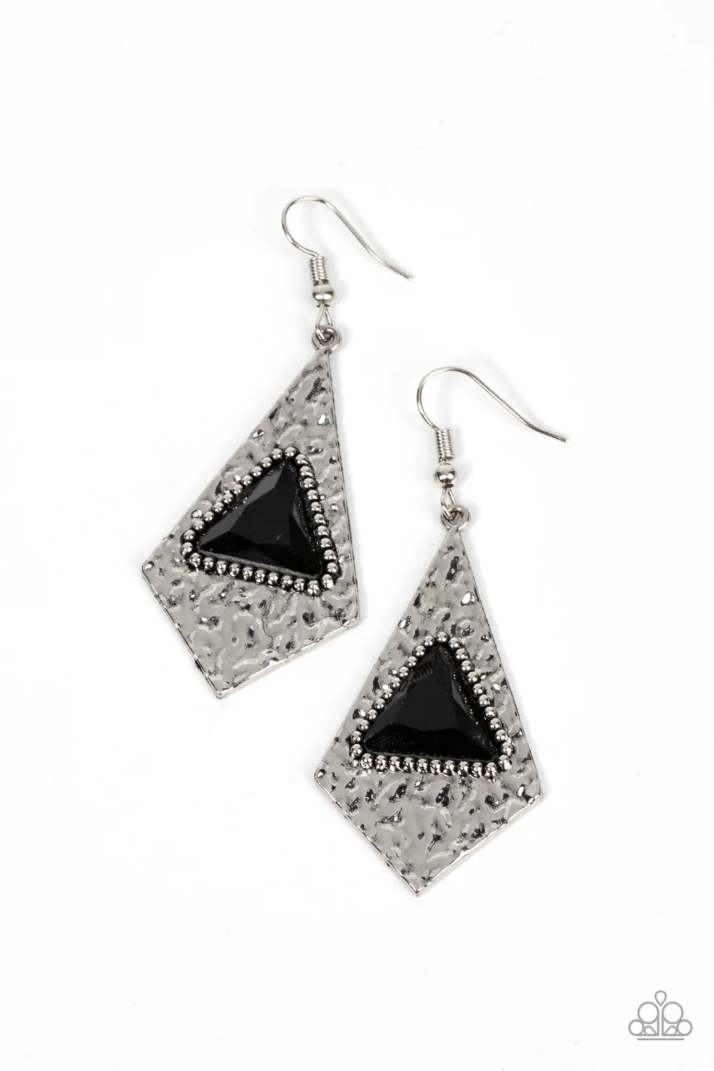 Paparazzi Accessories Cosmic Destination - Black Bordered in dainty silver studs, a black triangular gem is pressed into the center of a hammered silver kite shaped frame for an edgy shimmer. Earring attaches to a standard fishhook fitting. Sold as one pa