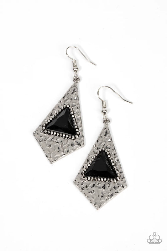 Paparazzi Accessories Cosmic Destination - Black Bordered in dainty silver studs, a black triangular gem is pressed into the center of a hammered silver kite shaped frame for an edgy shimmer. Earring attaches to a standard fishhook fitting. Sold as one pa