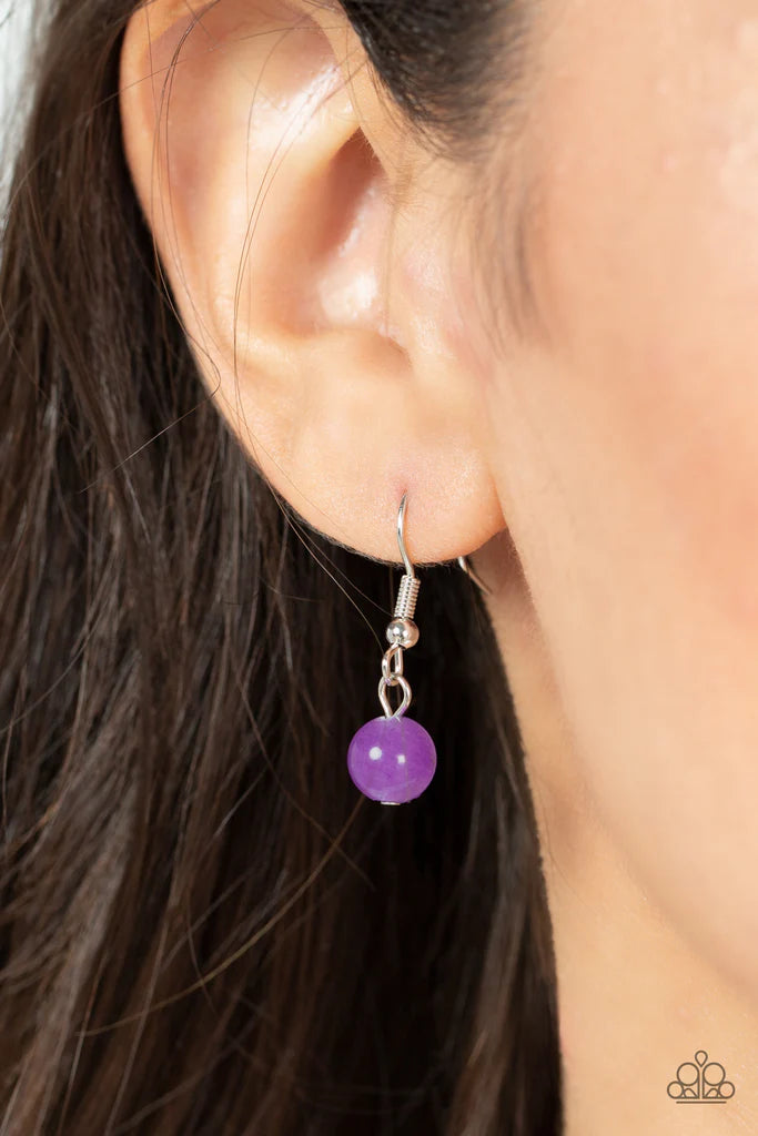 Paparazzi Accessories Elegantly Eclipsed - Purple A pair of amethyst stone and white shell-like half moon frames adorn the front of a round silver fitting, creating a whimsical pendant below the collar. Features an adjustable clasp closure. Sold as one in