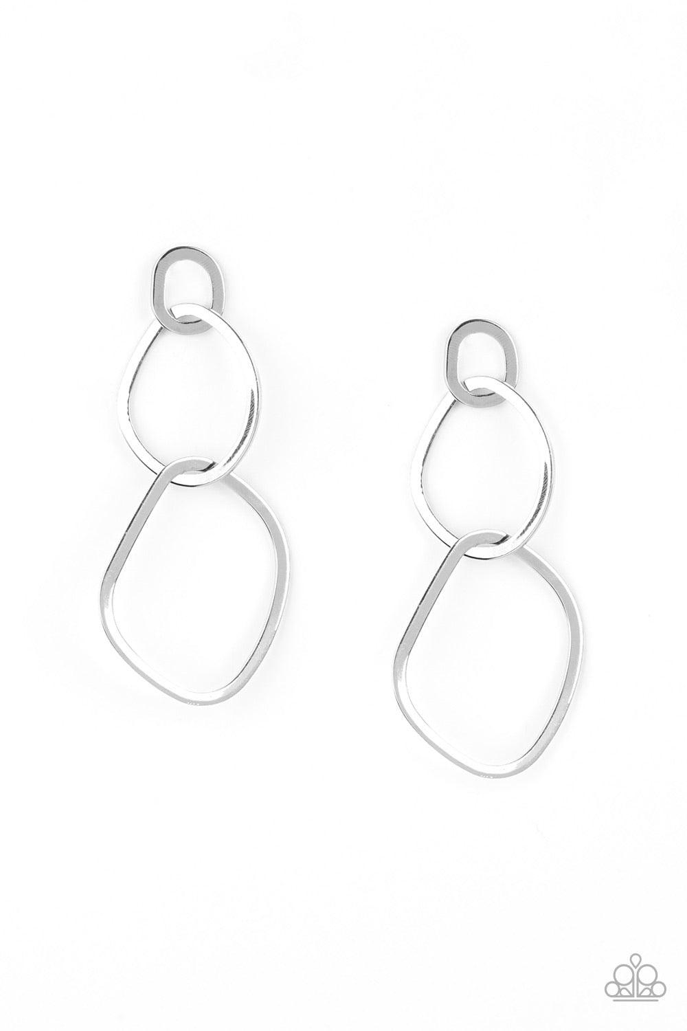 Paparazzi Accessories Twisted Trio - Silver A trio of asymmetrical silver hoops link as they tumble from the ear, coalescing into an abstract lure. Earring attaches to a standard post fitting. Sold as one pair of post earrings. Jewelry