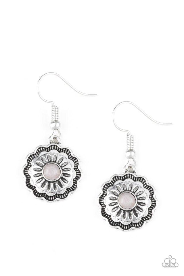 Paparazzi Accessories Badlands Buttercup - Silver A gray stone is pressed into a shimmery silver floral frame radiating with antiqued textures for a seasonal flair. Earring attaches to a standard fishhook fitting. Jewelry