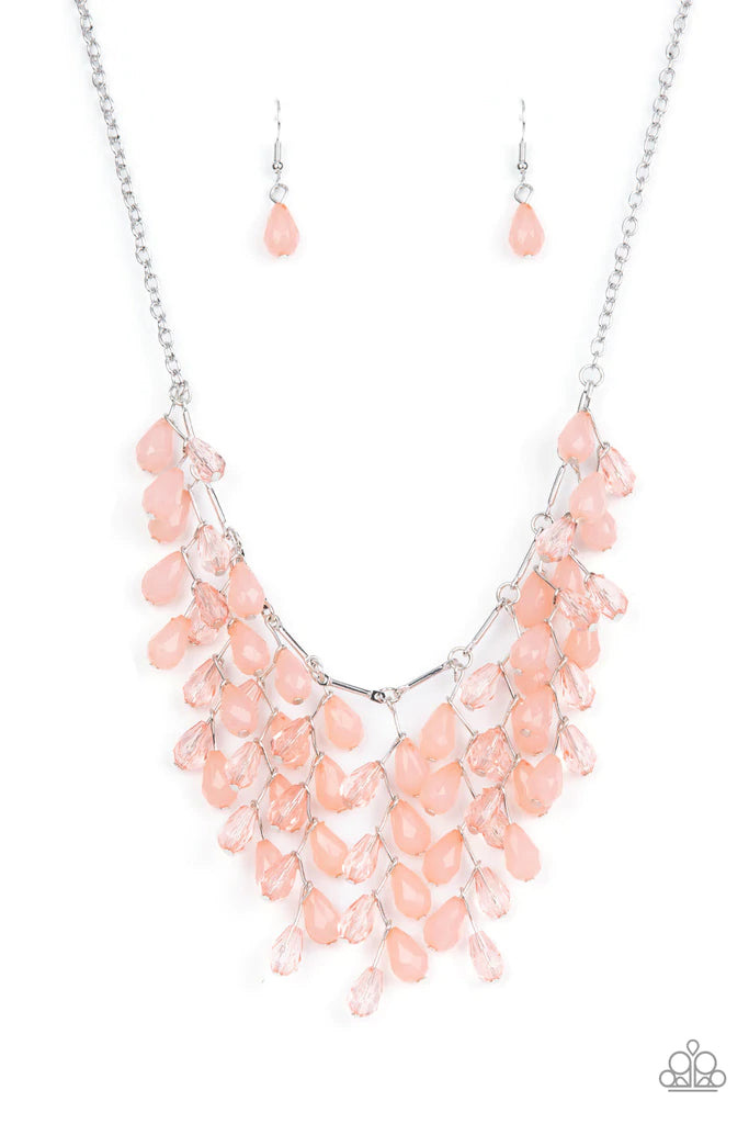 Paparazzi Accessories Garden Fairytale - Pink A shimmery collection of opaque and clear crystal-like Pale Rosette teardrop beads delicately cluster along a linked strand of silver bars, creating an ethereally leafy fringe below the collar. Features an adj