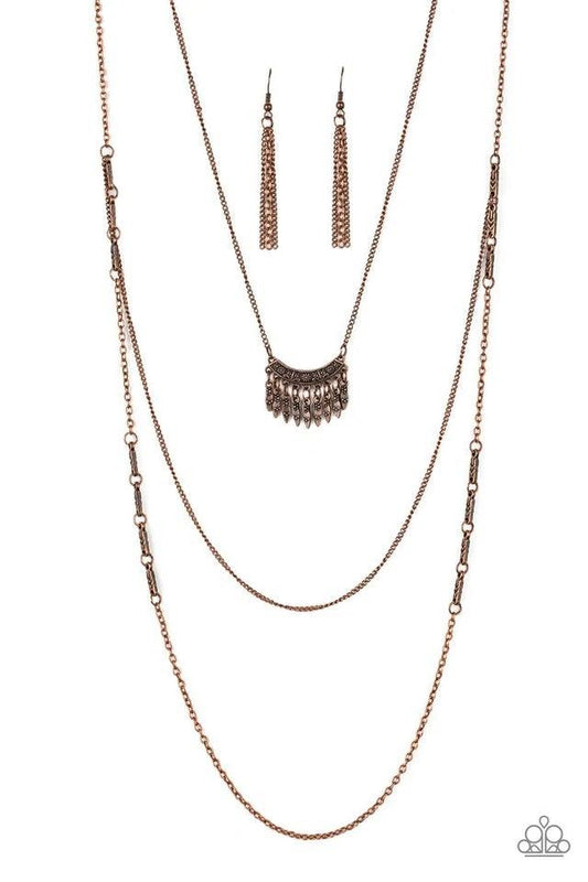 Paparazzi Accessories Homestead Harvest - Copper Embossed in a whimsical floral pattern, a fringed frame swings from the uppermost chain above a copper chain featuring dainty copper beading. Infused with a plain chain, the glistening copper chains layer d
