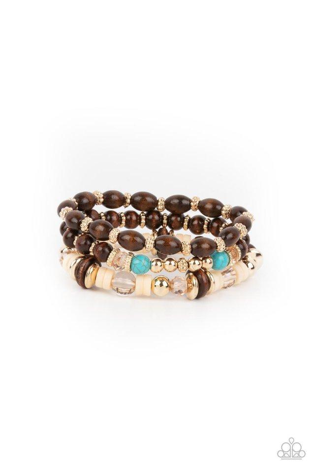 Paparazzi Accessories Belongs In The Wild - Yellow A mismatched collection of brown wooden beads, gold accents, turquoise stones, and glassy beads are threaded along stretchy bands, creating colorful layers around the wrist. An eclectic look that will be